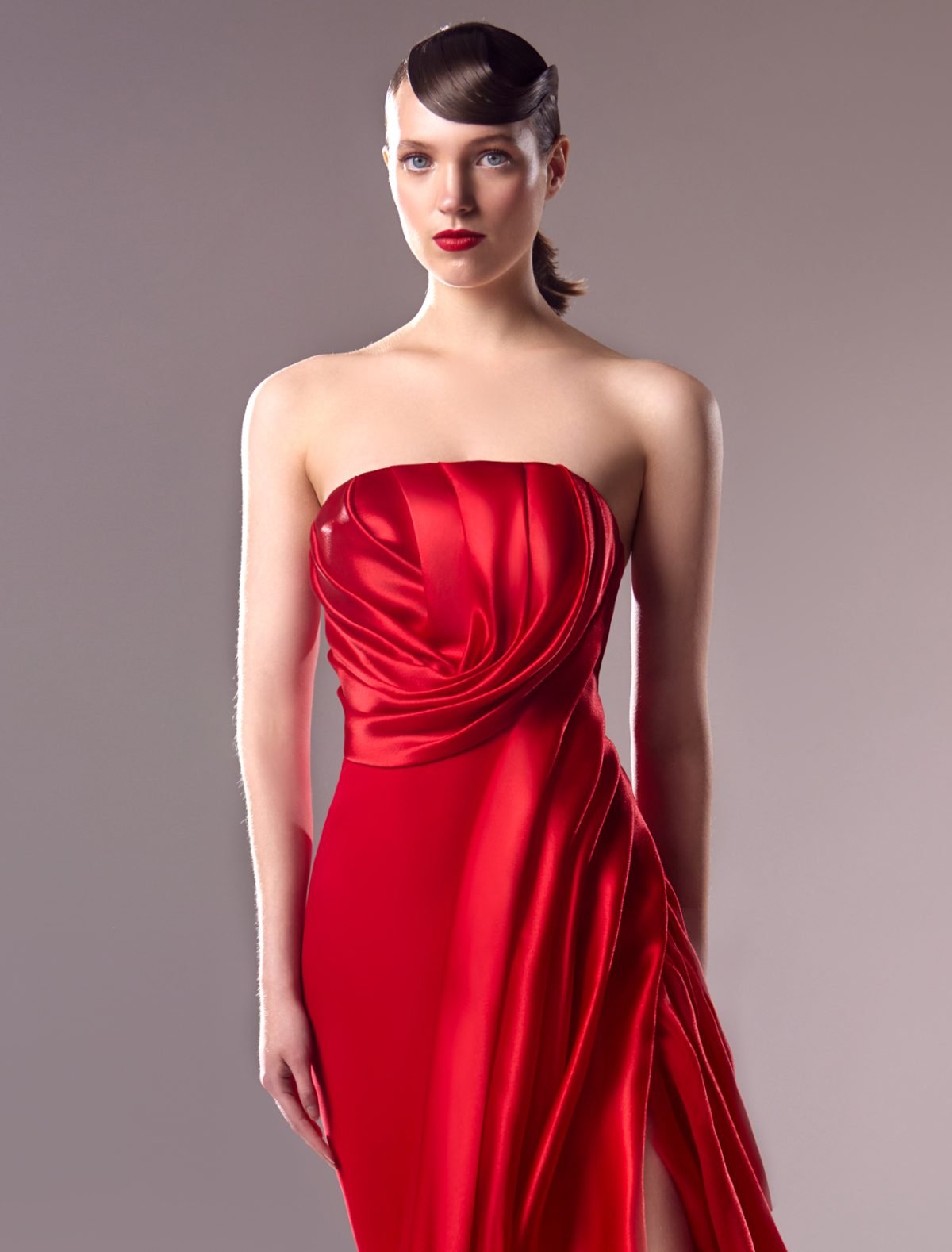 Draped Strapless Dress in Red Organdie and Crepe