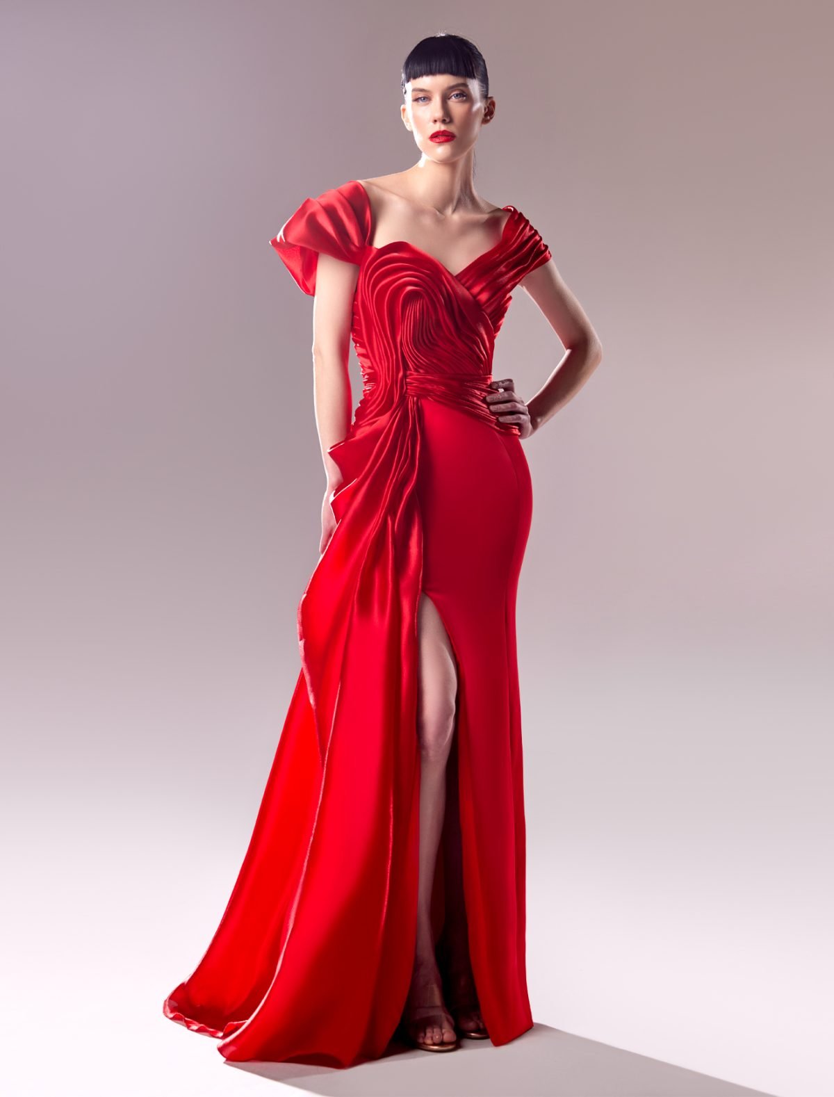 Off the Shoulder Organza Draped Crepe Dress: Classic Elegance Meets Modern Allure