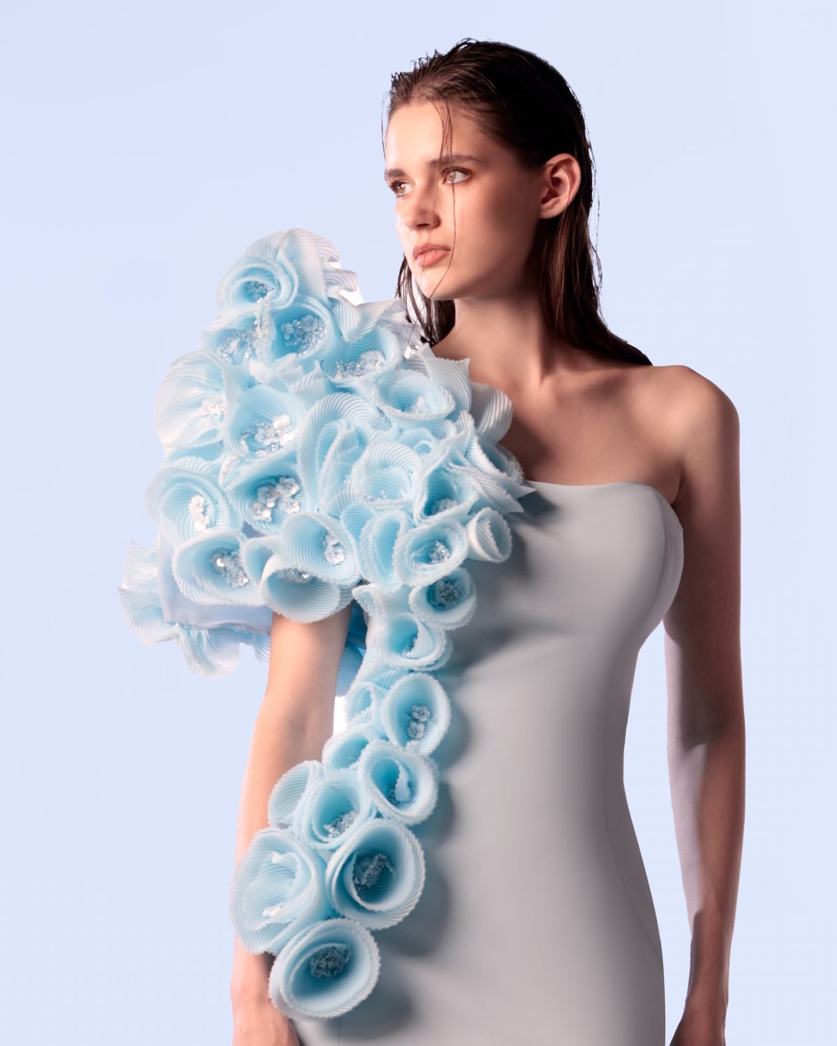 Three Dimentional Embellished Shoulder Blue Dress