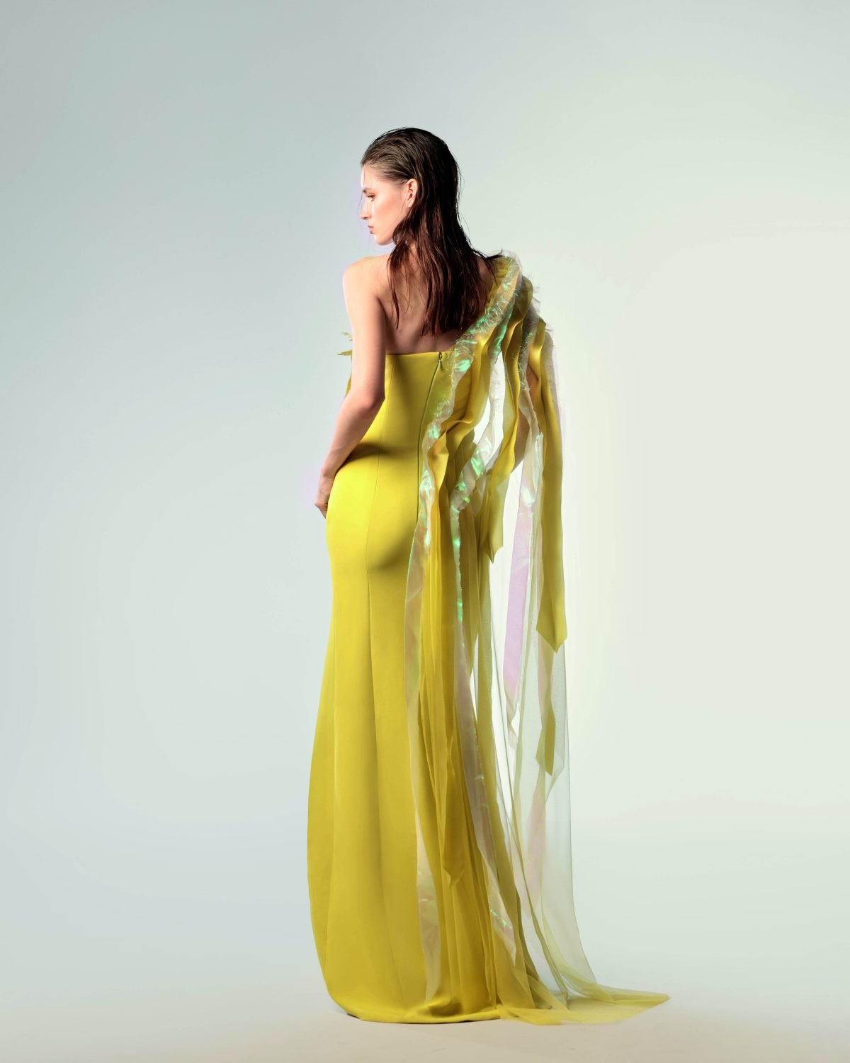 Holographic Lime Asymetric Cape Dress