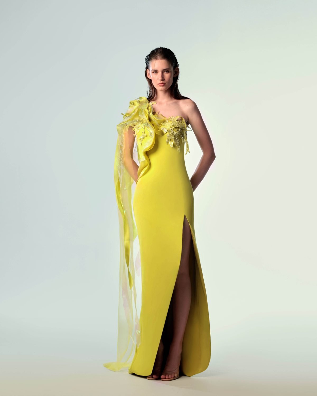 Holographic Lime Asymetric Cape Dress