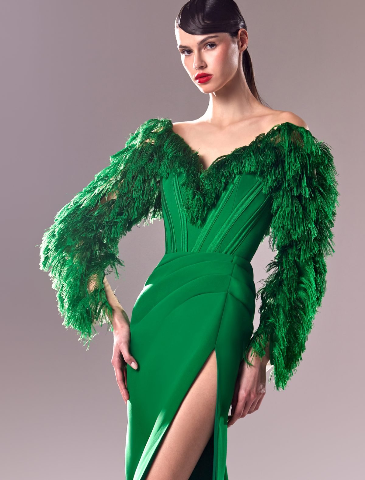 Ruched Sleeves Crepe Emerald Green Dress  Timeless Sophistication Meets Modern Allure