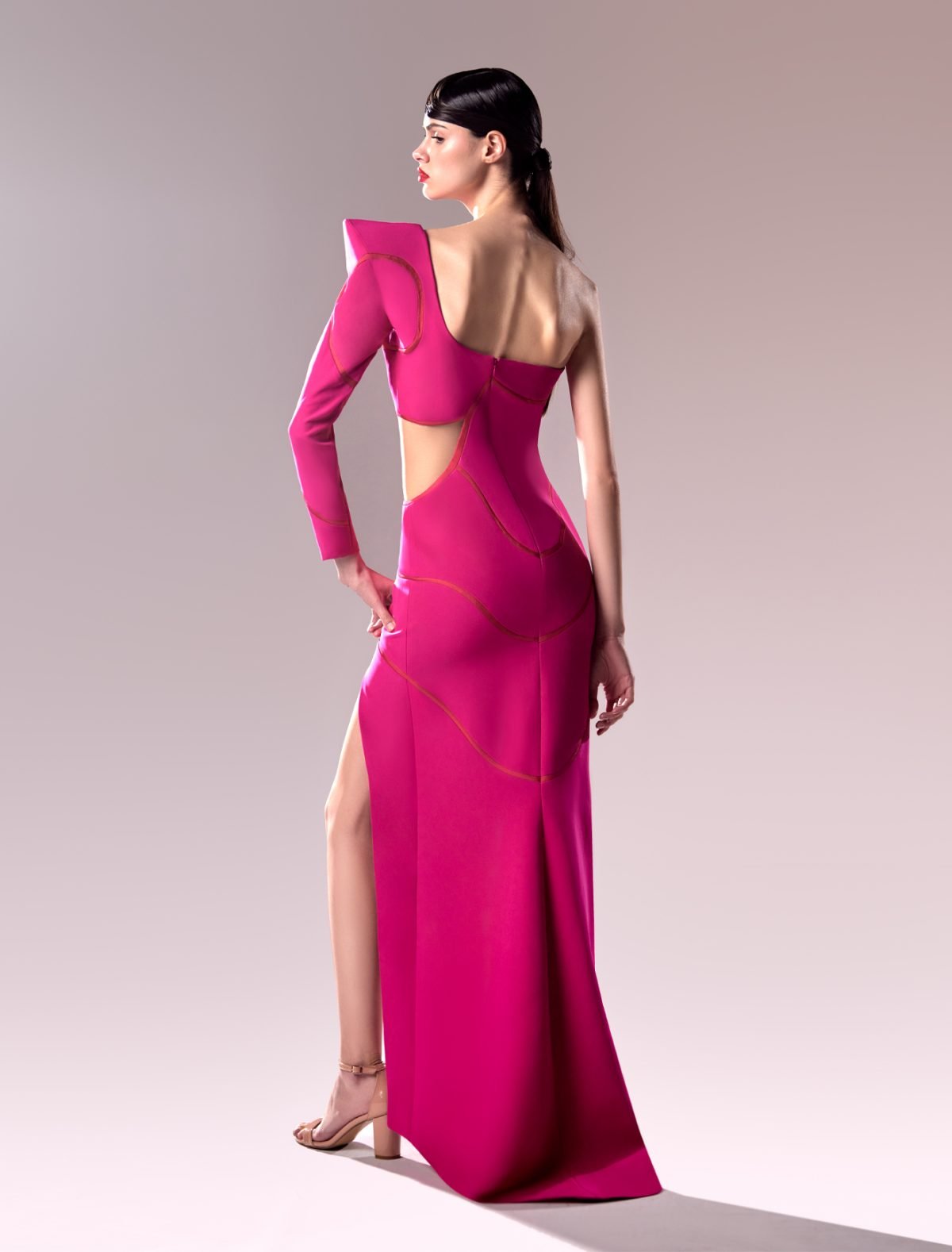One Sleeve Fuscia Crepe Dress with Daring Waist Cutout