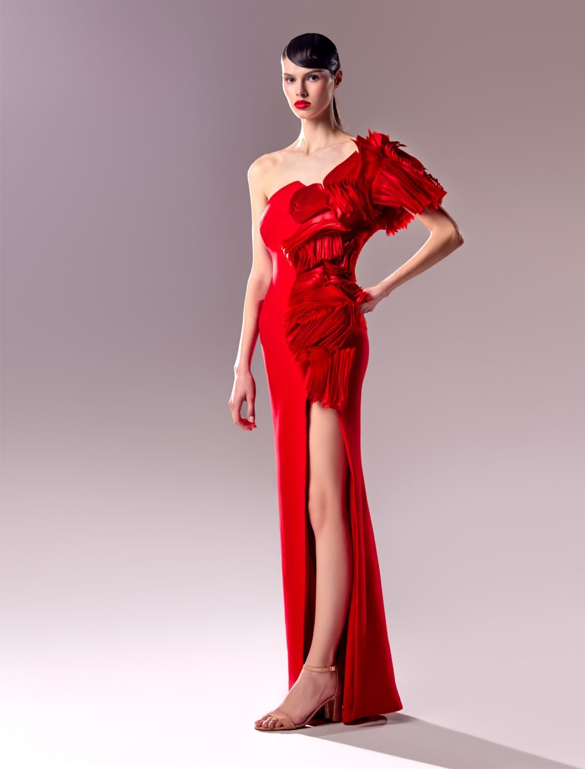 Dazzling One-Shoulder Red Dress with Organdie Manipulation
