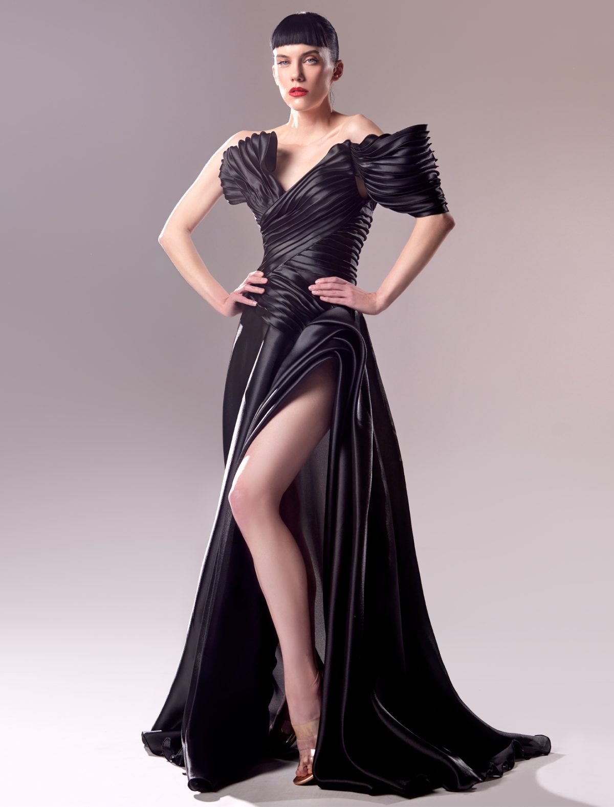 Off-the-Shoulder Organdie Ribbed Evening Dress