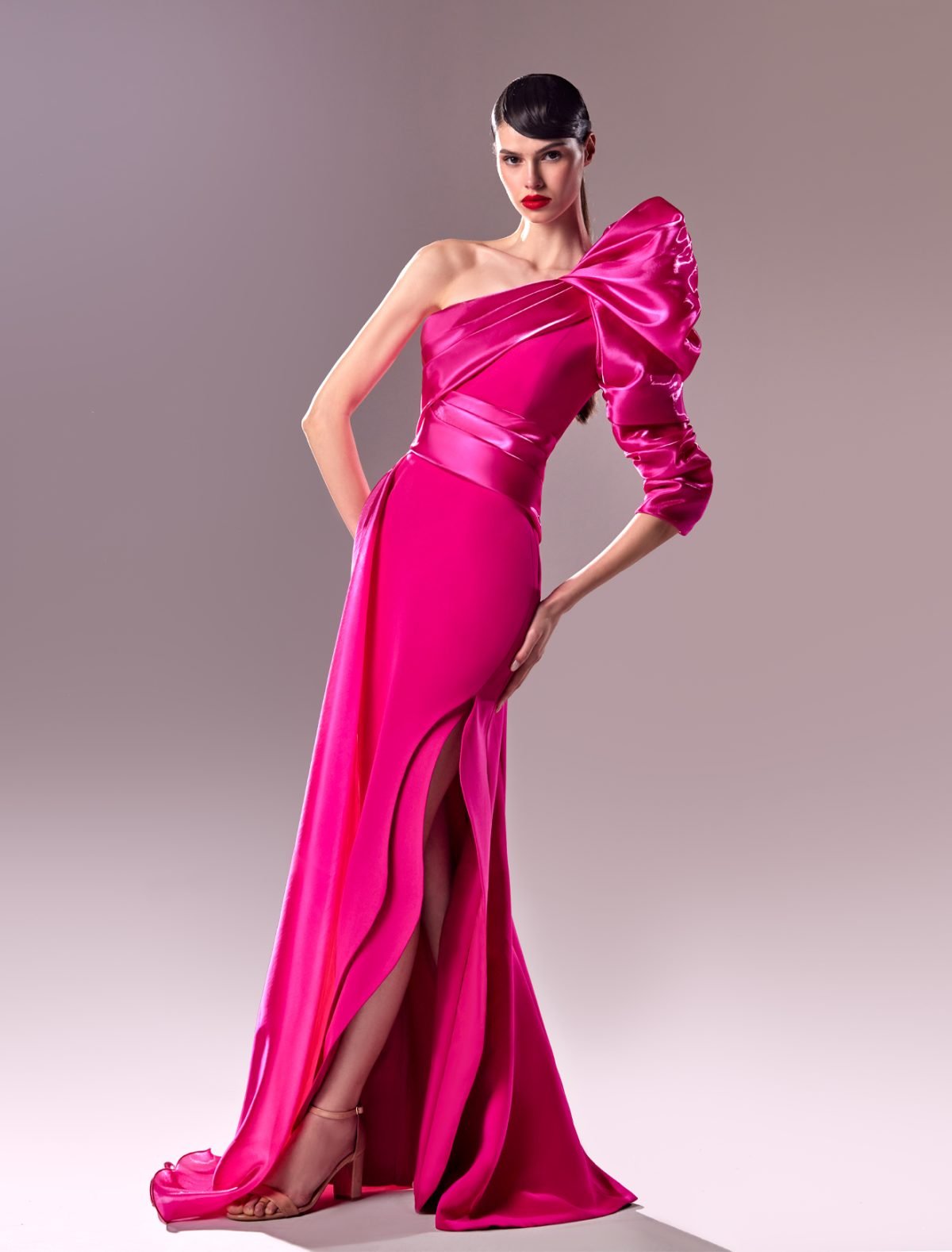 One-Shoulder Fusion of Organza and Crepe Fuscia Long Dress