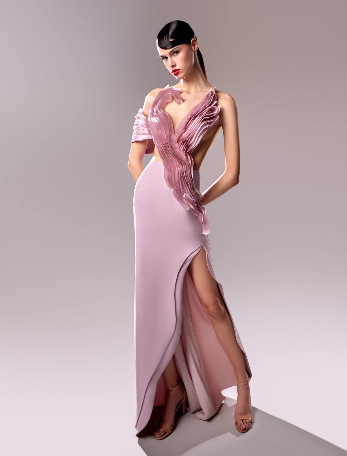 Elegant Organdie and Crepe Pink Dress: Modern Sophistication meets Timeless Charm