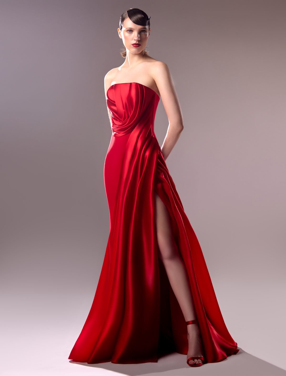 Draped Strapless Dress in Red Organdie and Crepe