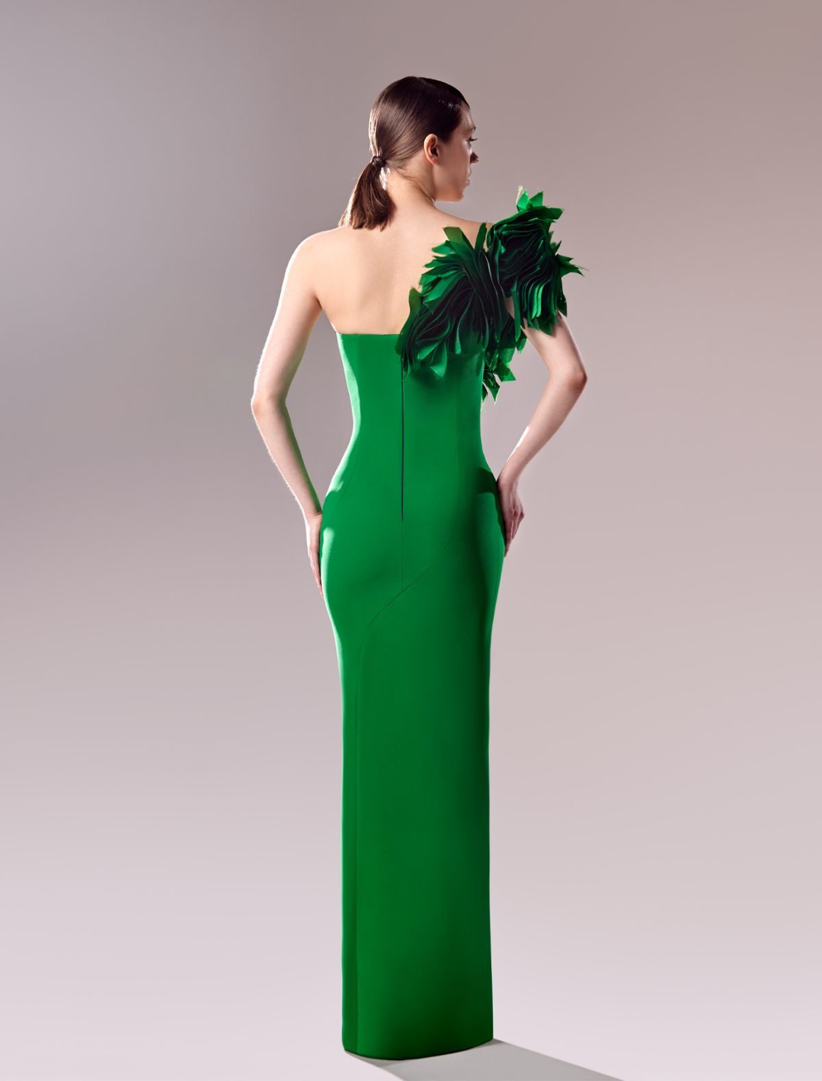 Emerald Green One-Shoulder Dress with Complex Organza Manipulation