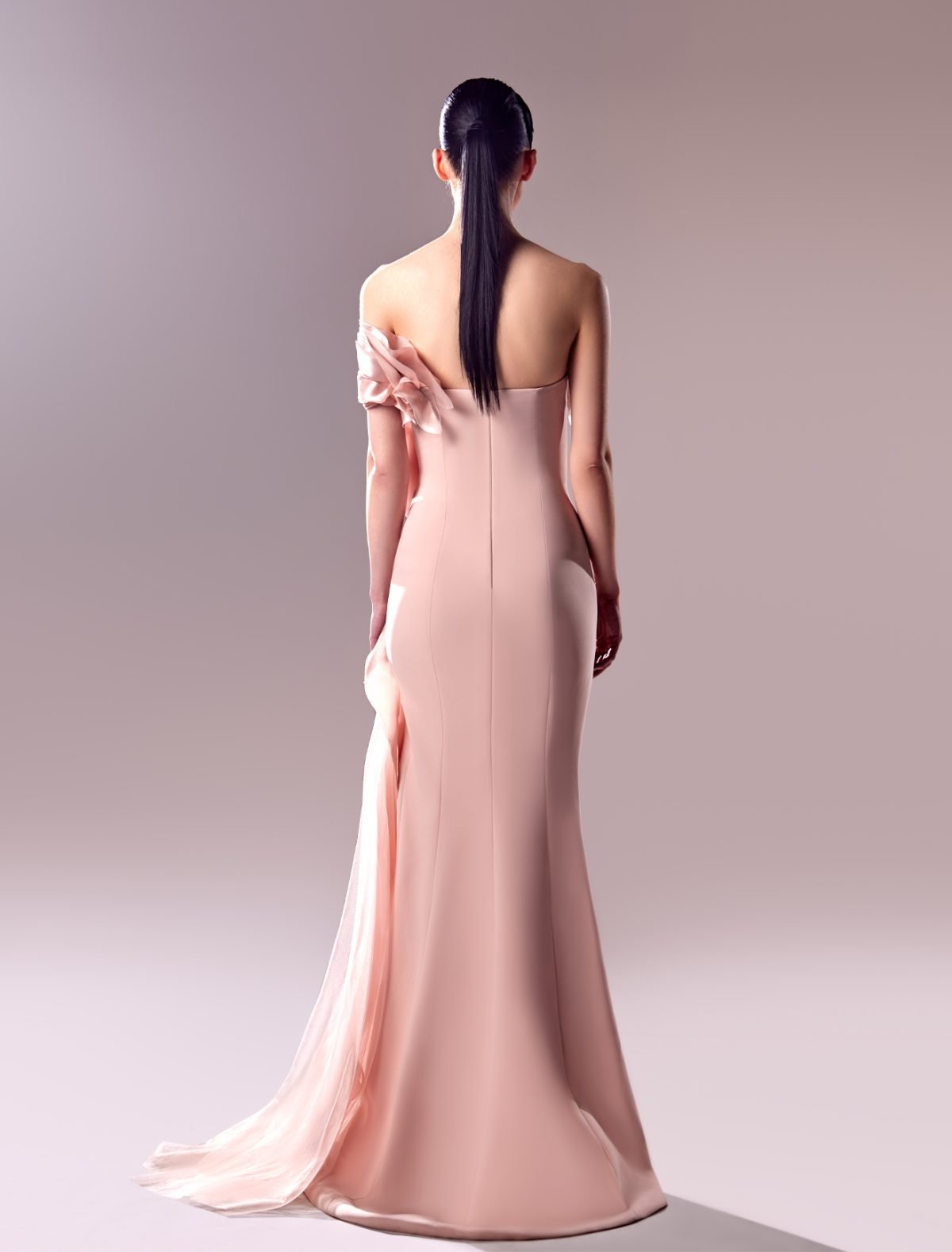 Powder Pink Gown With Organdie Inserts and Tulle Detailing