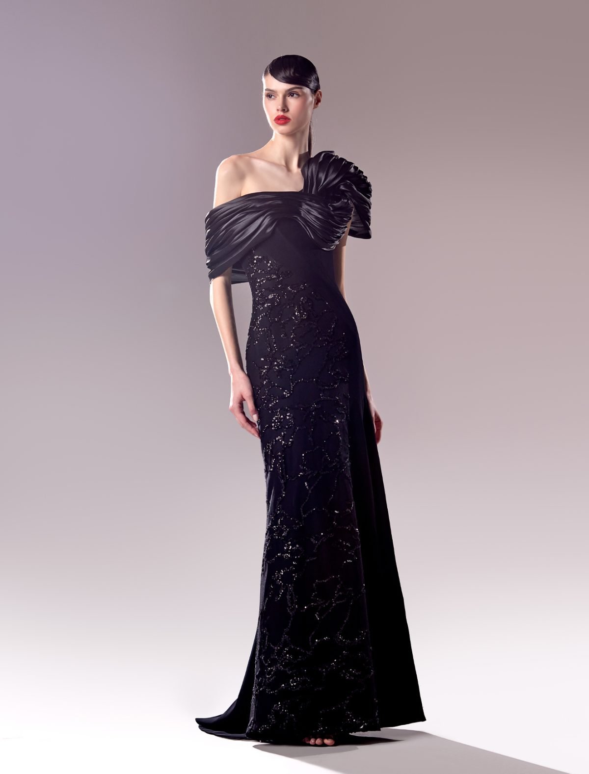 Off-The-Shoulder Black Organza and Lace Dress: Timeless Sophistication Meets Modern Elegance
