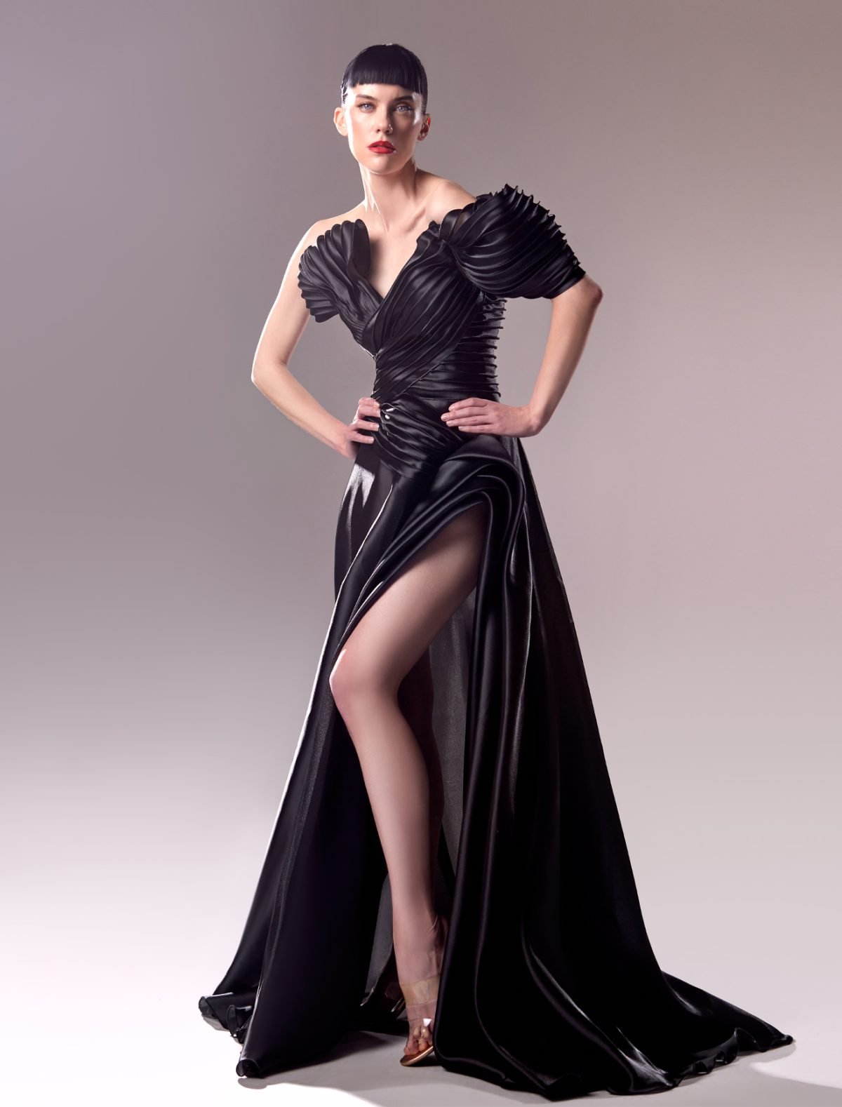 Off-the-Shoulder Organdie Ribbed Evening Dress
