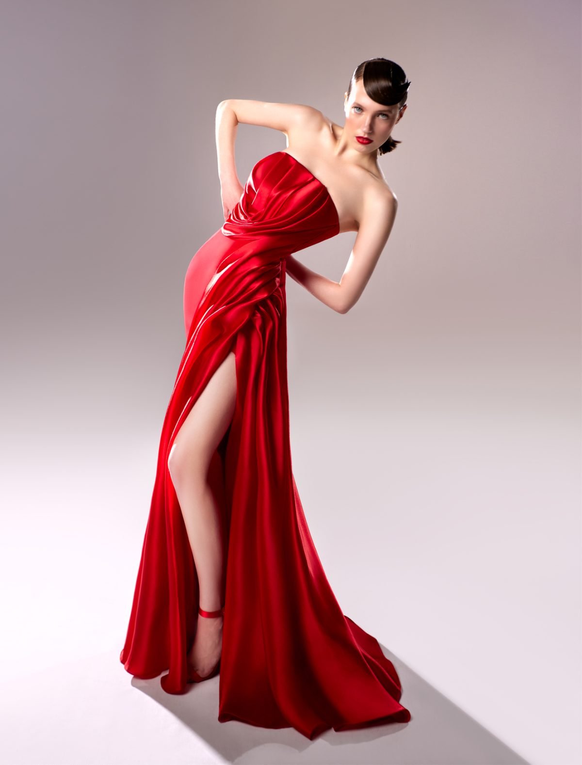 Draped Strapless Dress in Red Organdie and Crepe