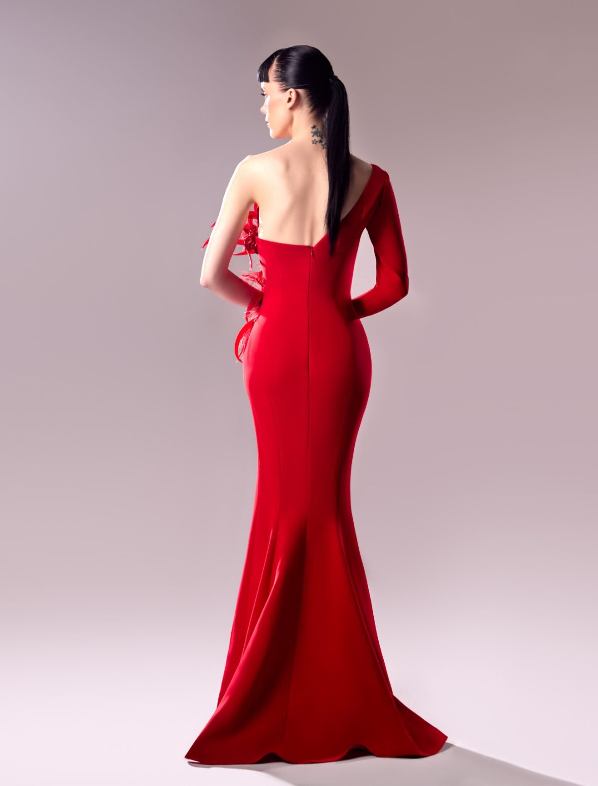 One-Sleeve Red Crepe Dress with Feather Accents