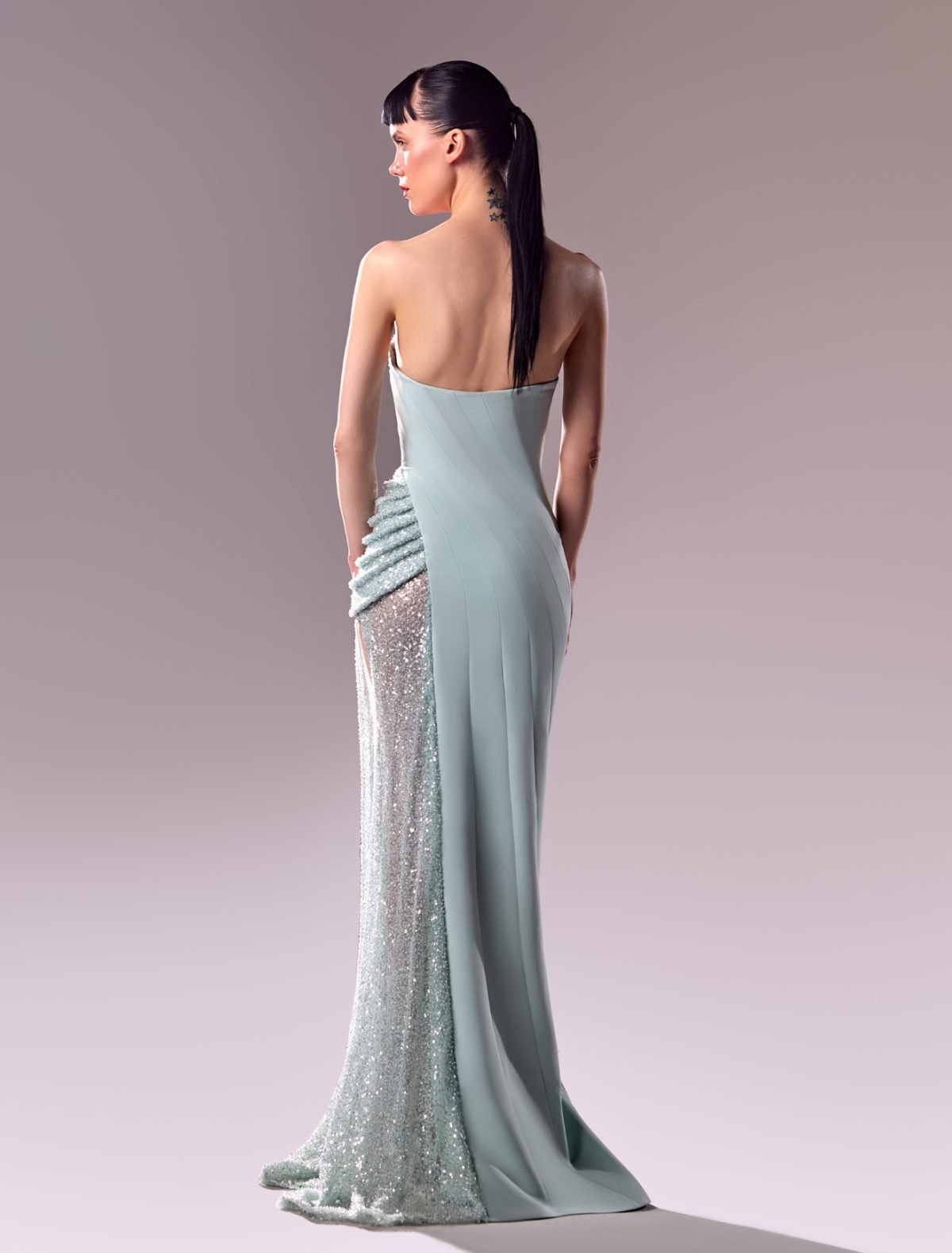 Strapless Blue Crepe Dress with Exquisite Embroidery