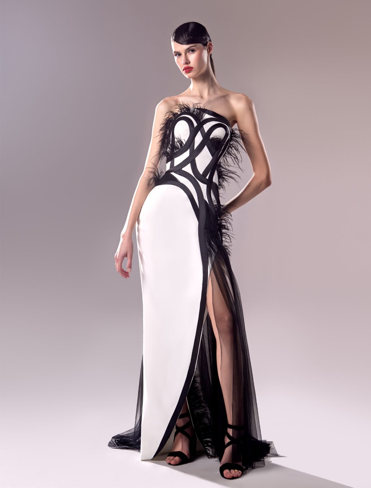 Feathers Encrusted Black and White Dress