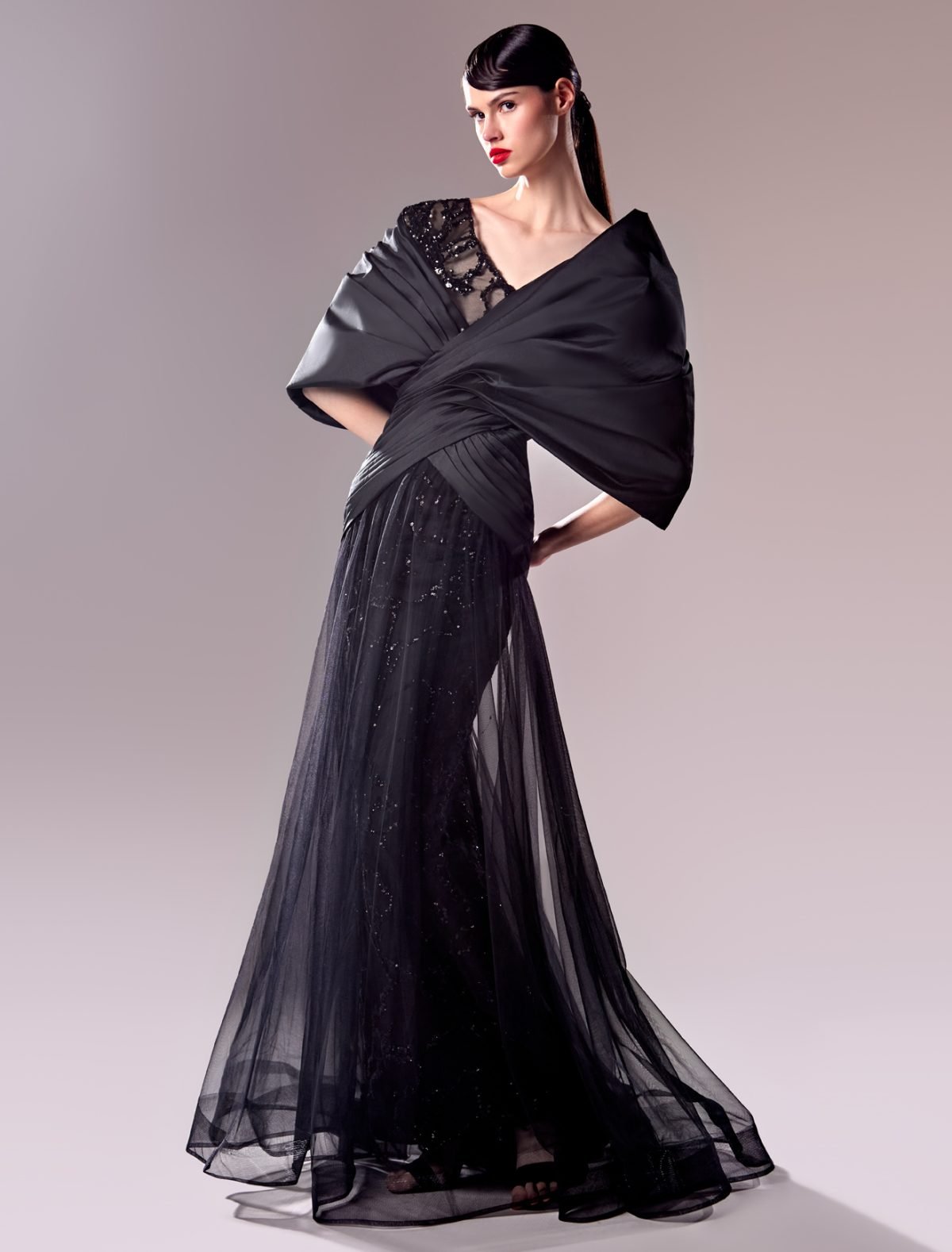 Off-the-Shoulder Taffeta and Lace Long Black Dress