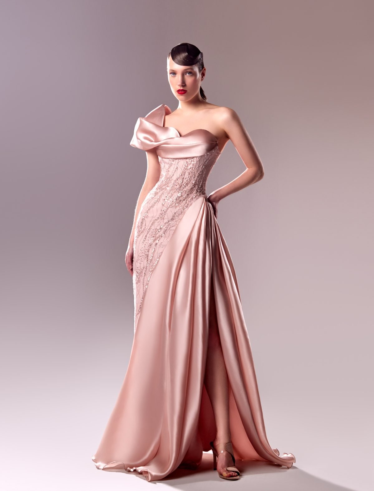 One-Shoulder Draped Organdie and Lace Evening Dress