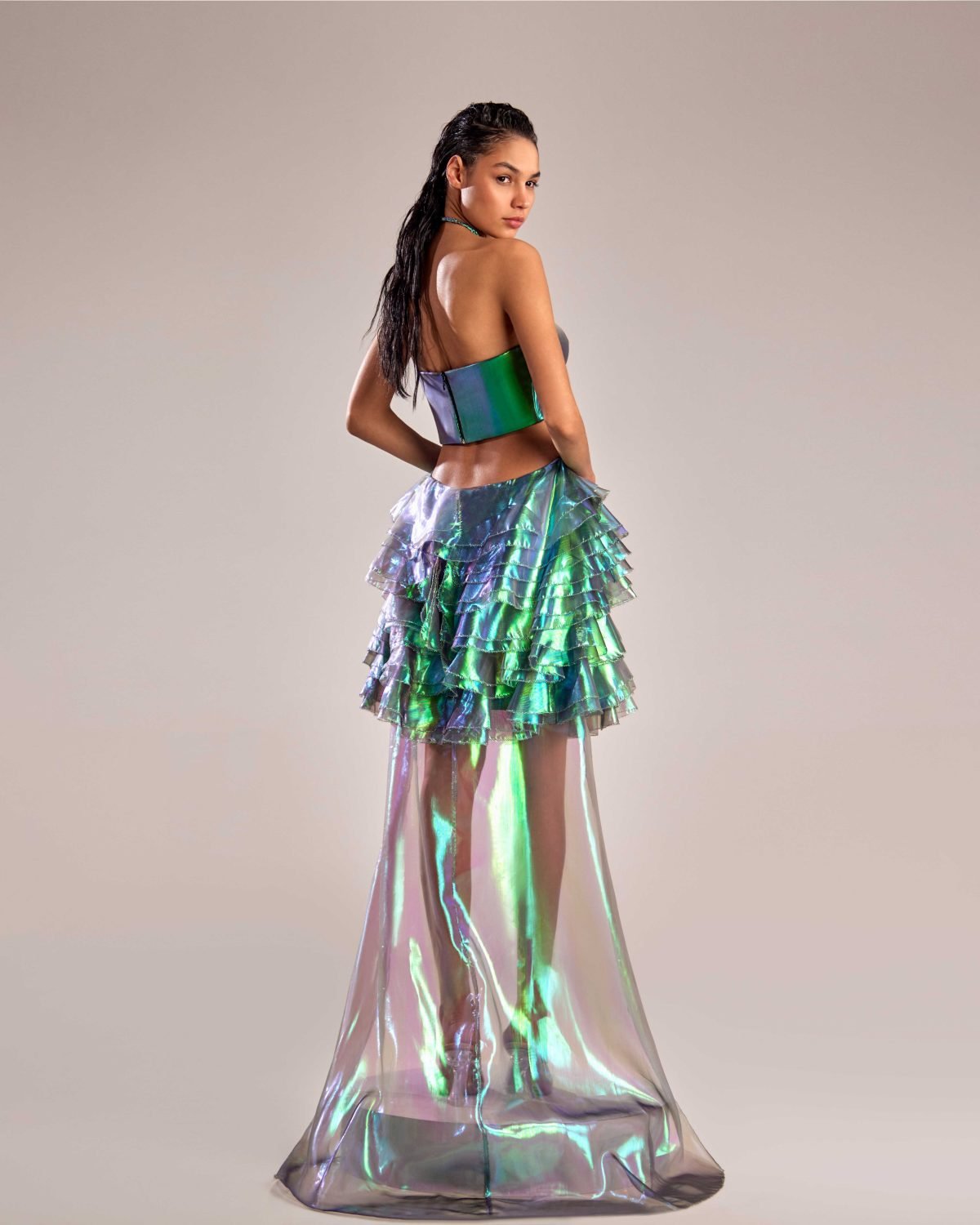 Iridescent Halter Dress with Layered Ruffles