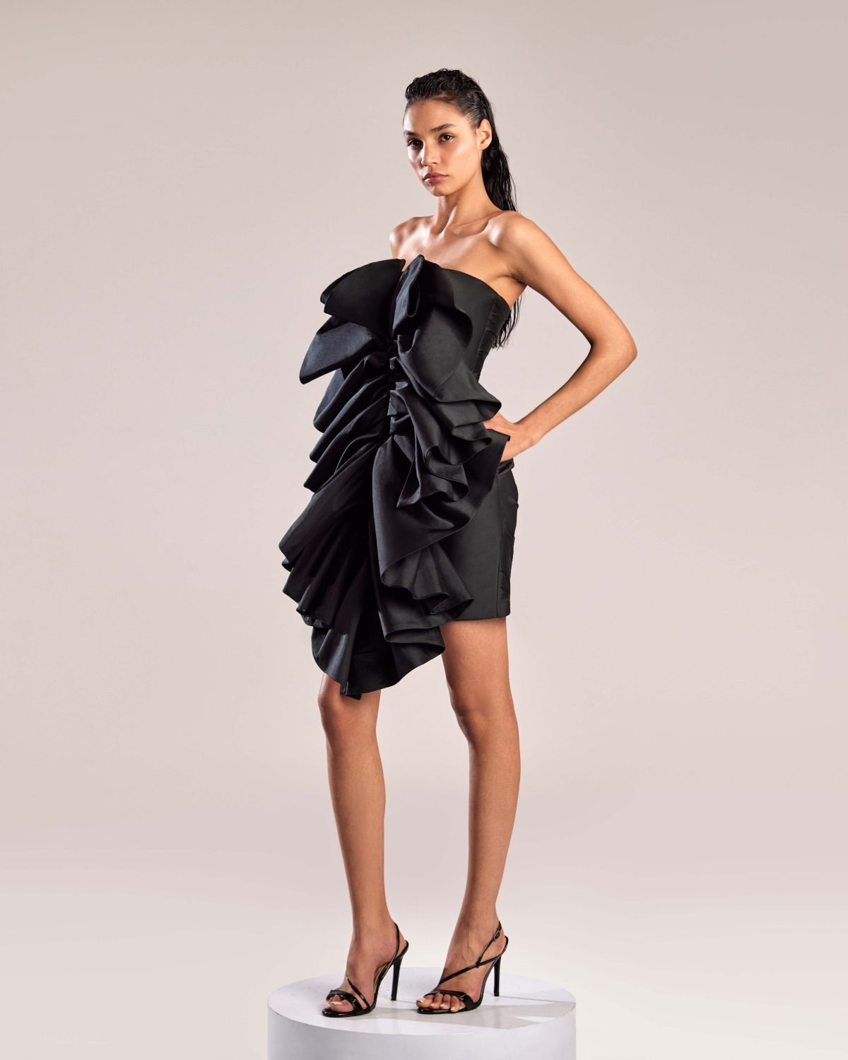Dramatic Black Strapless Ruffled Dress