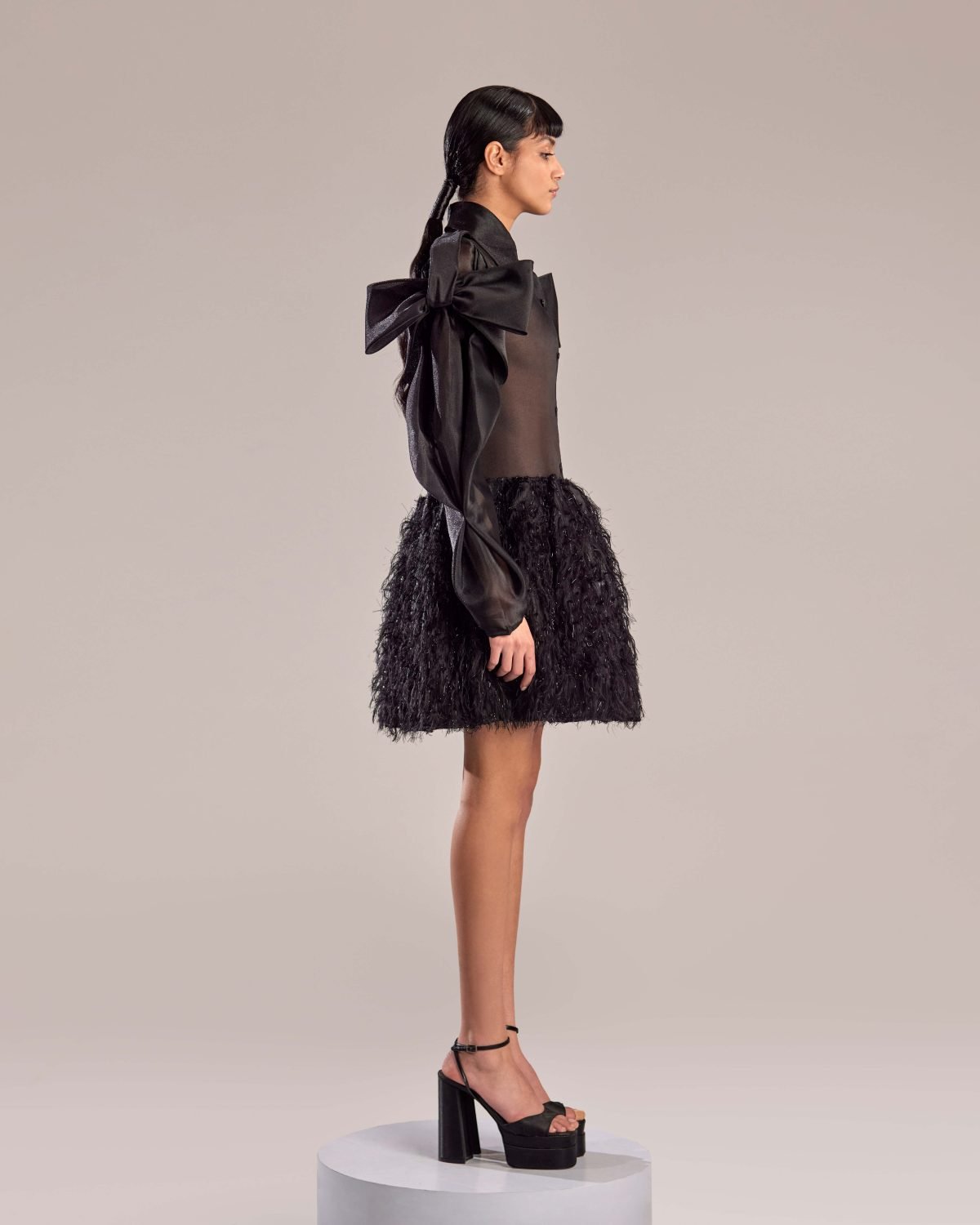 Black Sheer Organza Feathered Skirt Dress