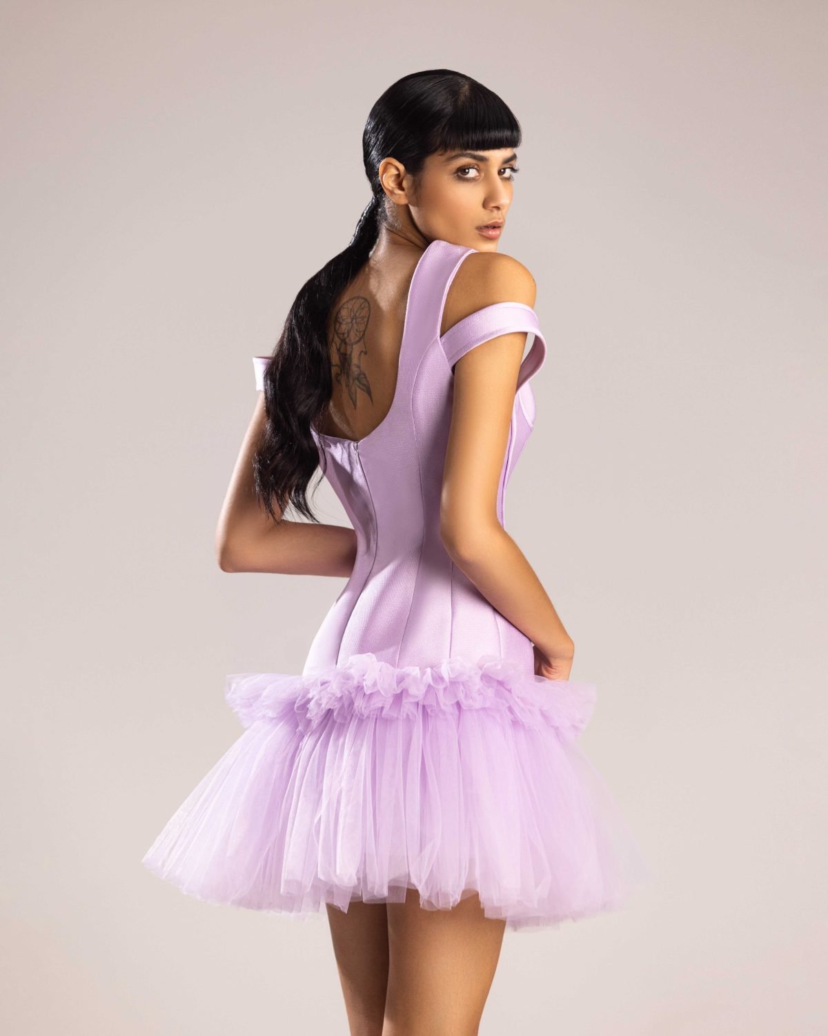 Chic Lilac Mikado Piqué and Tulle Mini Dress