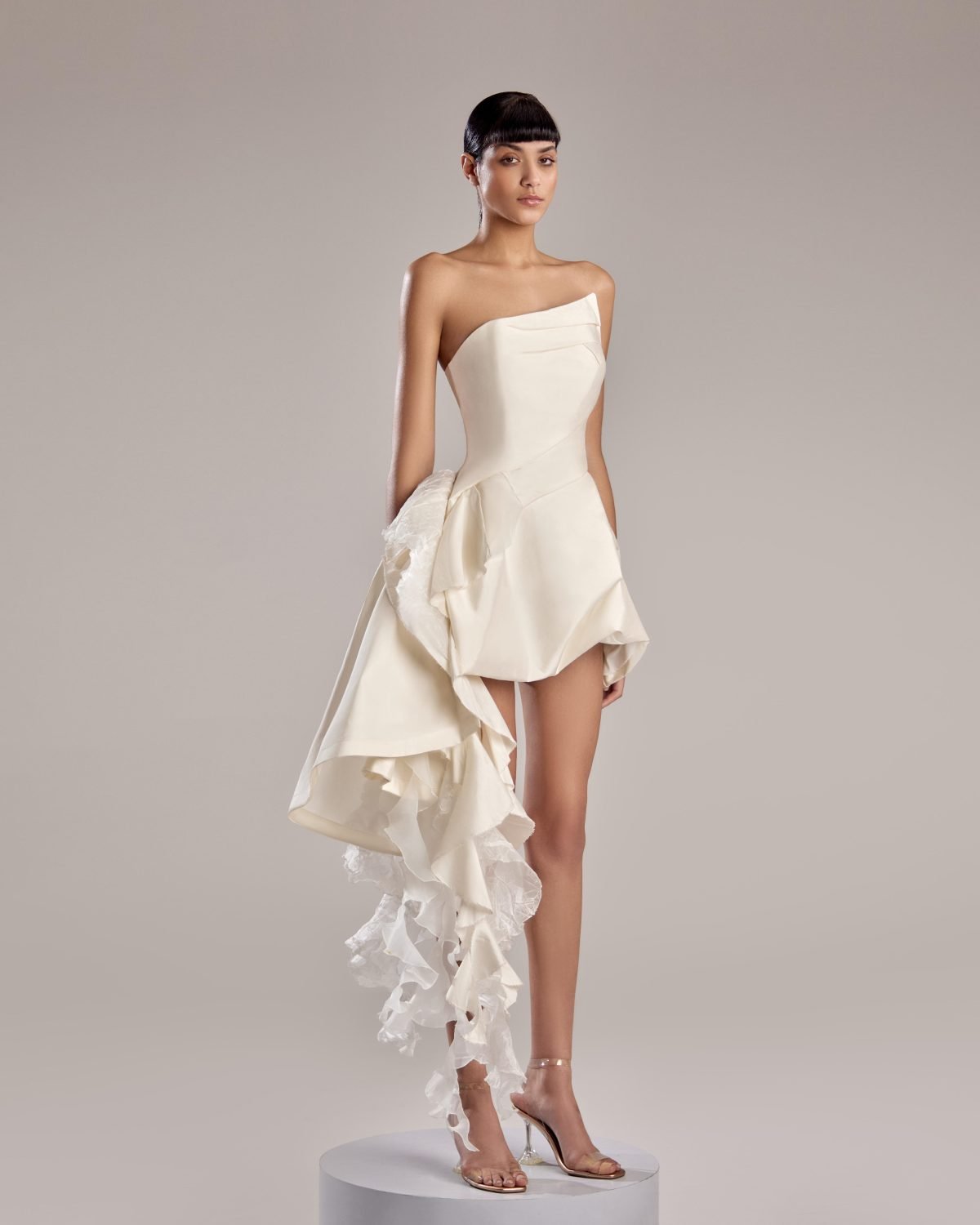 Elegant White Taffeta and Organza Dress with Asymmetrical Hem and Ruffles