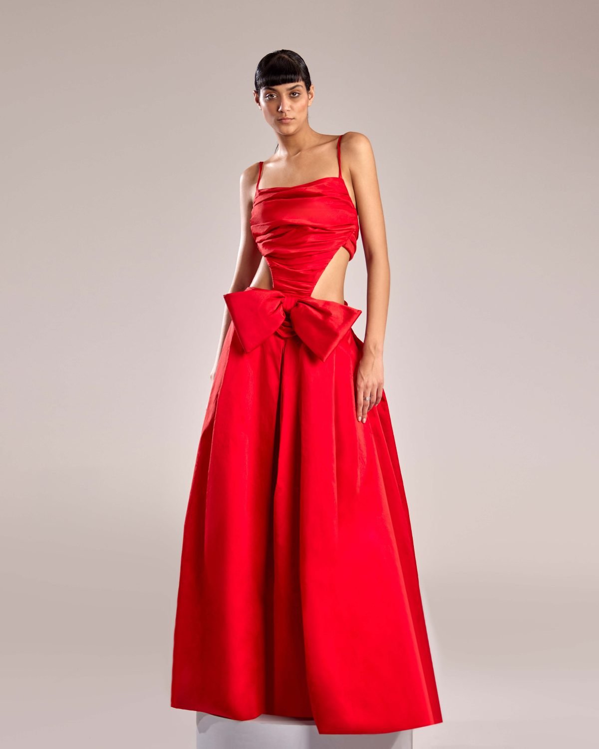 Radiant Red Taffeta Dress with Cutout and Waist Bow