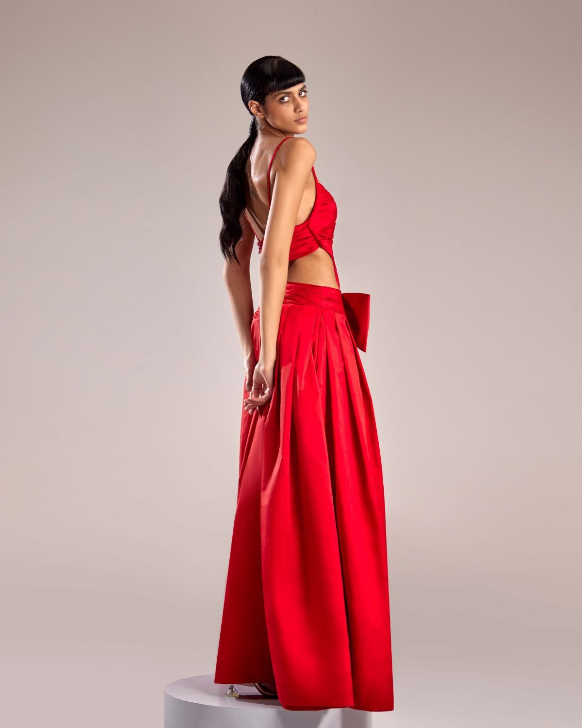 Radiant Red Taffeta Dress with Cutout and Waist Bow
