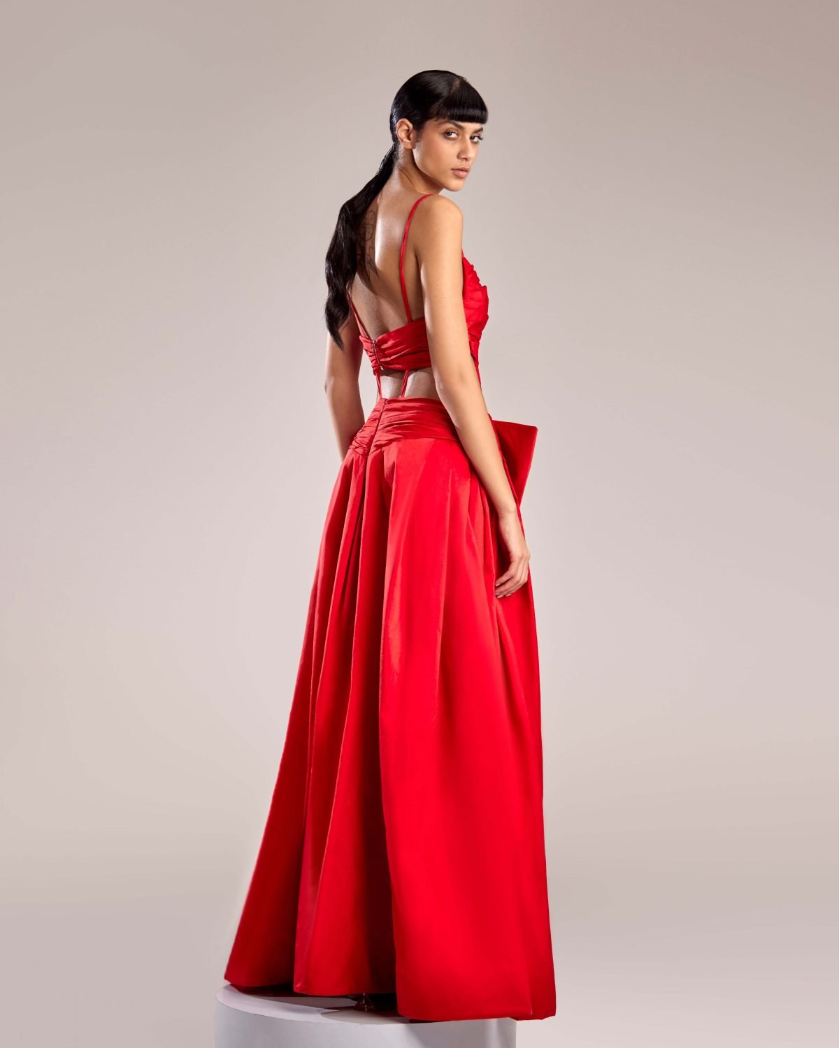 Radiant Red Taffeta Dress with Cutout and Waist Bow