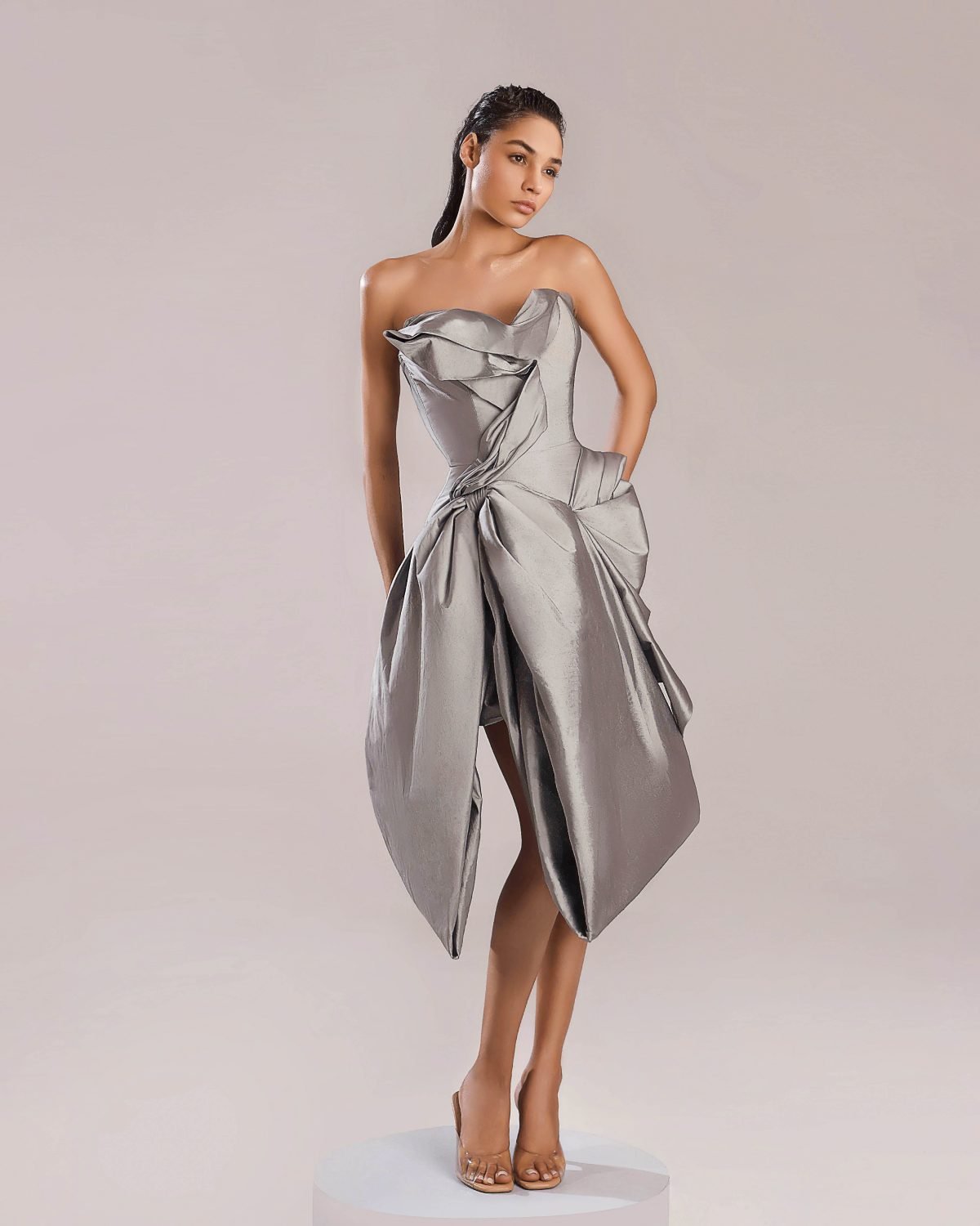 Whimsical Silver Feathered Dress with White Taffeta Bow Ties