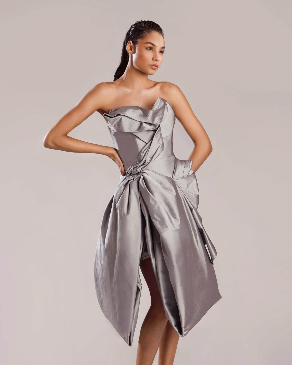 Whimsical Silver Feathered Dress with White Taffeta Bow Ties