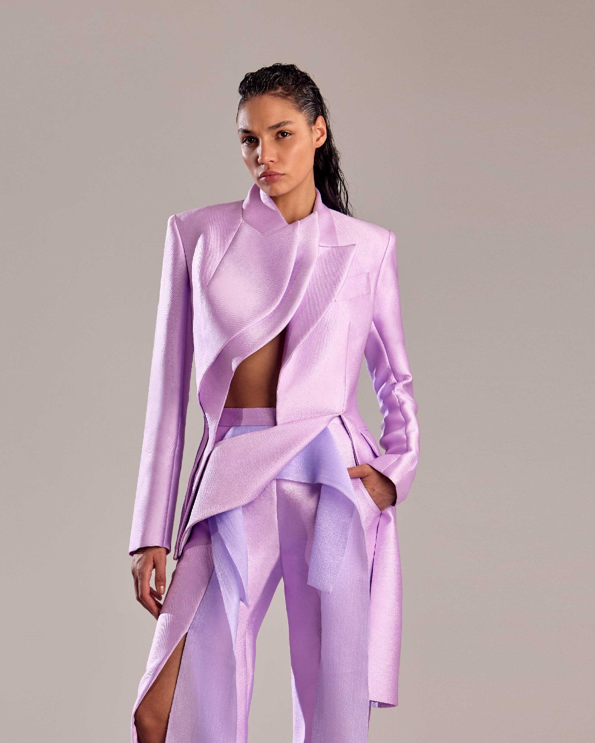 Avant-Garde Lilac Mikado Piqué Jacket with Asymmetrical Design