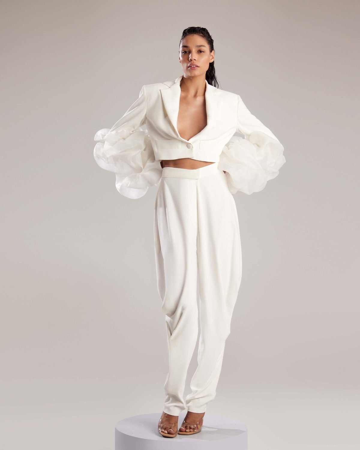 Organza Ruffled Cropped Sleeve Jacket