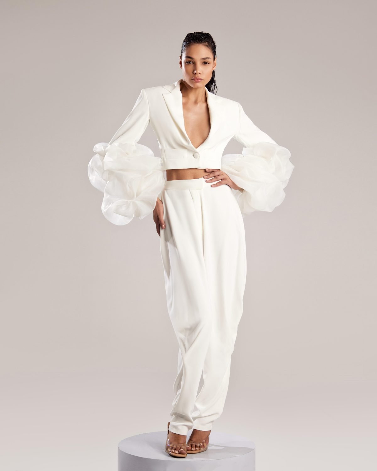 White Crepe High-Waist Pleated Pants