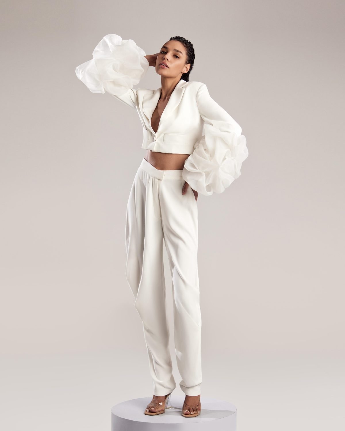 White Crepe High-Waist Pleated Pants