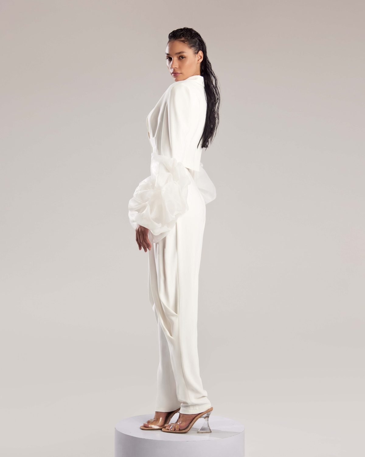 White Crepe High-Waist Pleated Pants