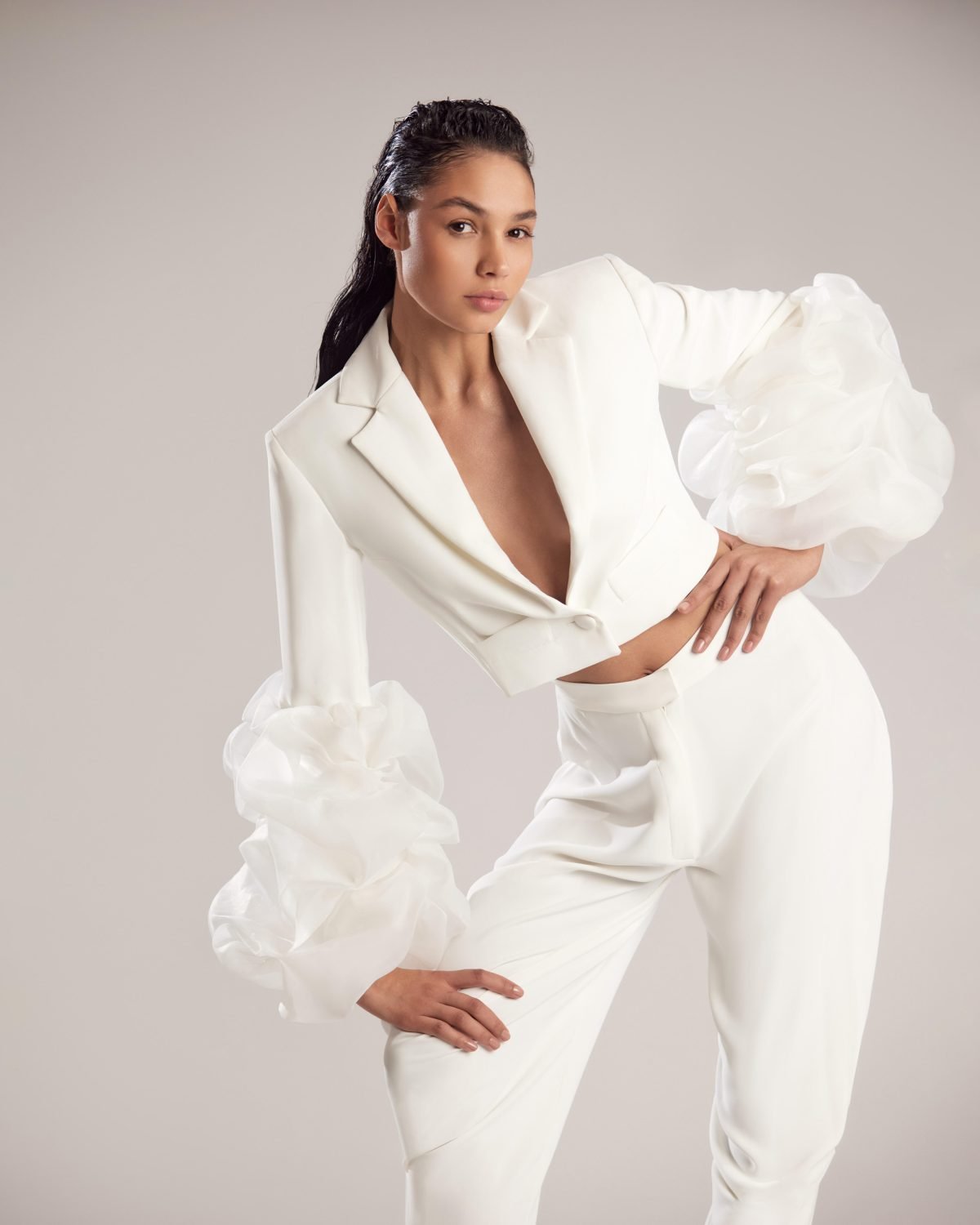 Organza Ruffled Cropped Sleeve Jacket