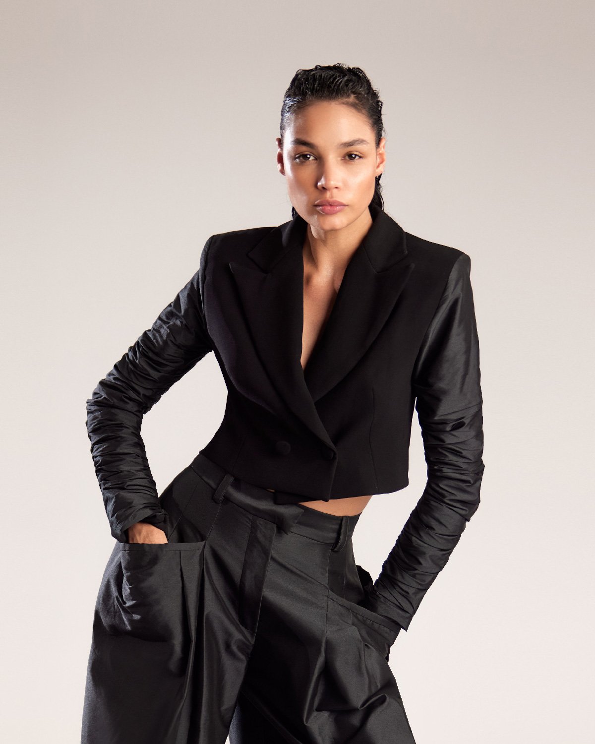 Black Cropped Crepe Jacket with Dramatic Taffeta Sleeves