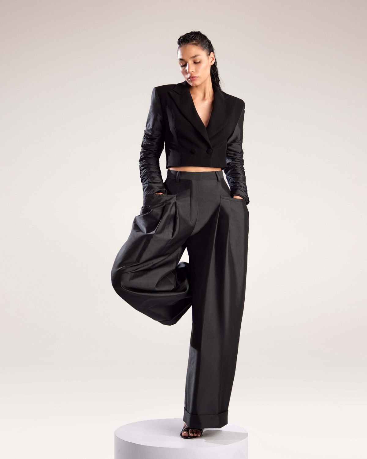 Black Cropped Crepe Jacket with Dramatic Taffeta Sleeves