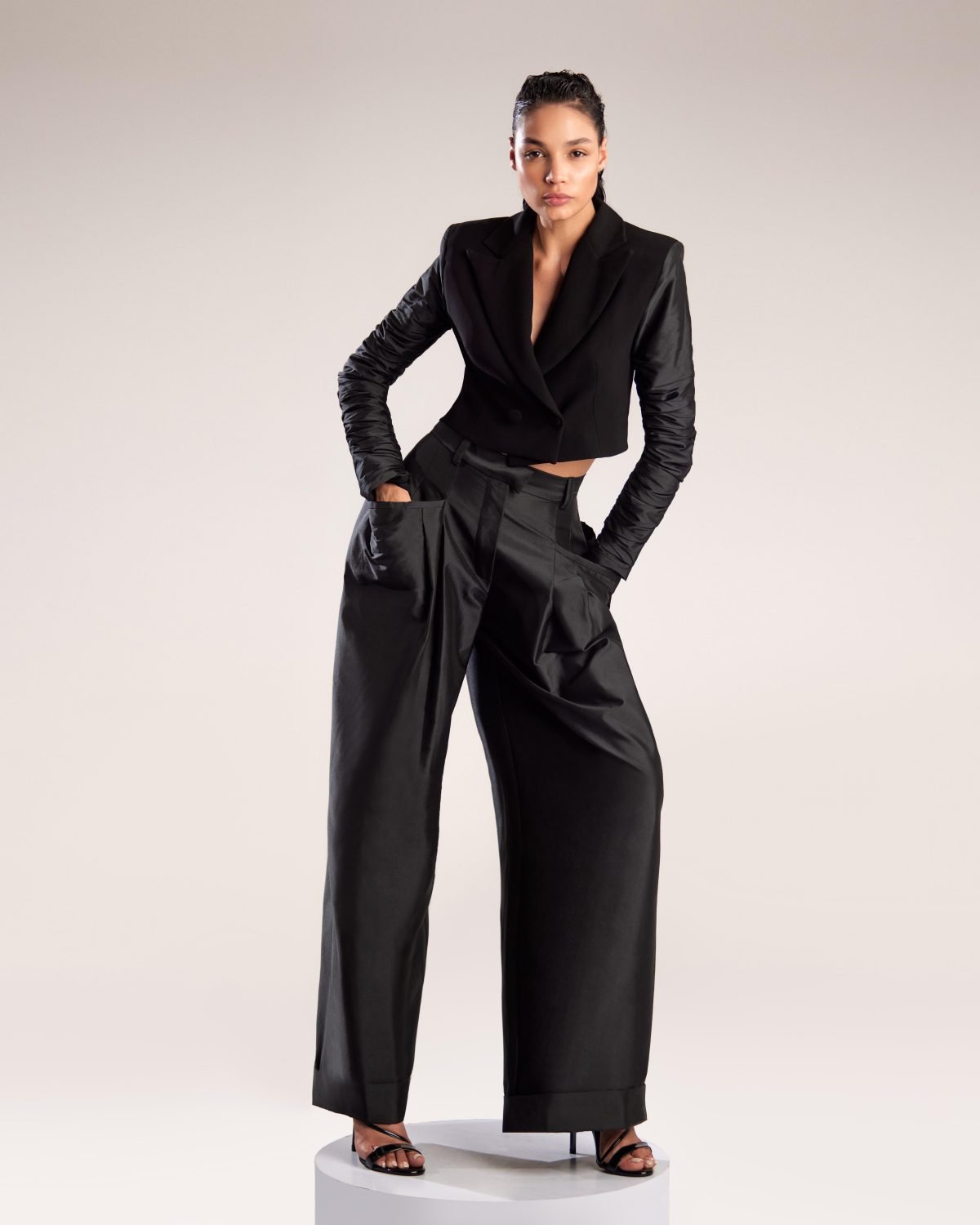 Black Cropped Crepe Jacket with Dramatic Taffeta Sleeves