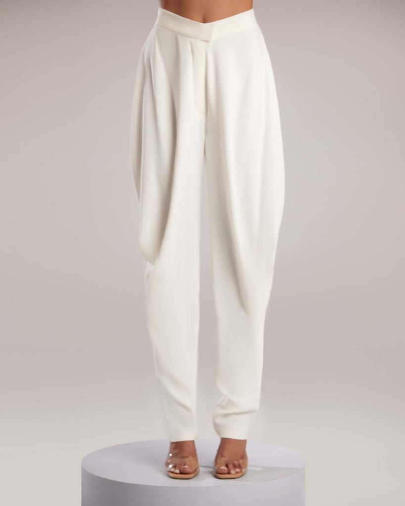 White Crepe High-Waist Pleated Pants 