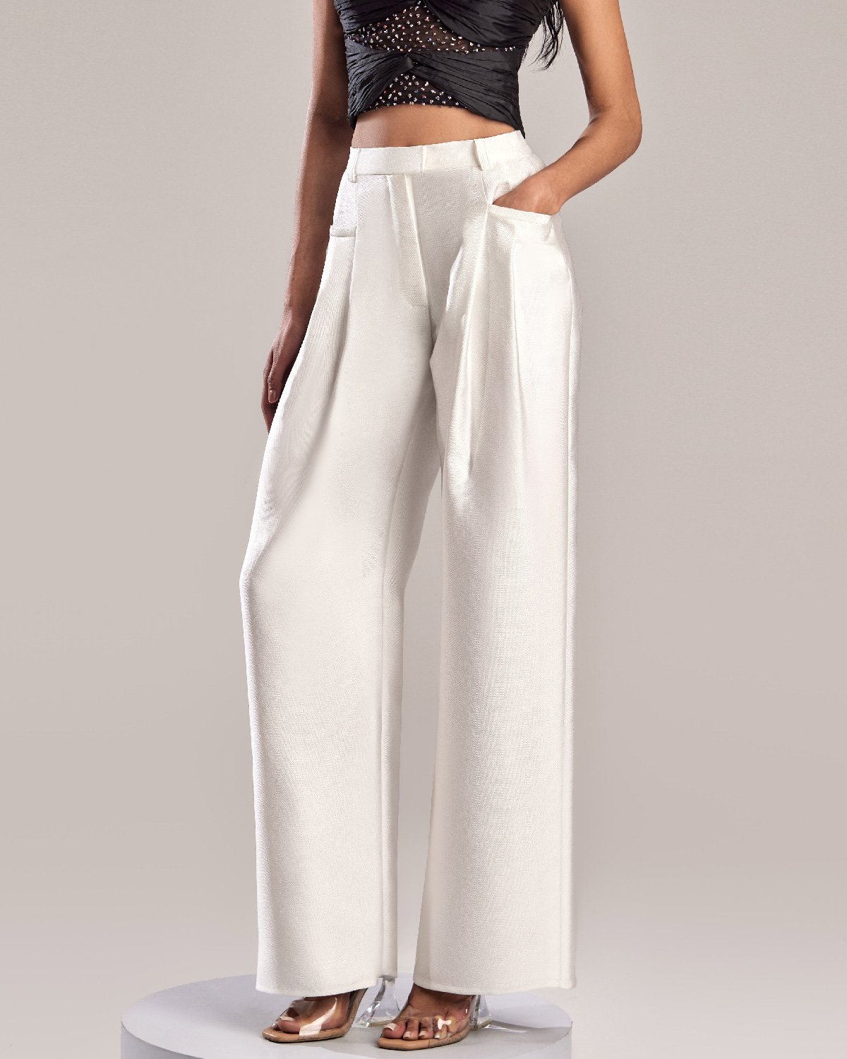 Elegant Metallic Silver Flared Wide-Leg Pants