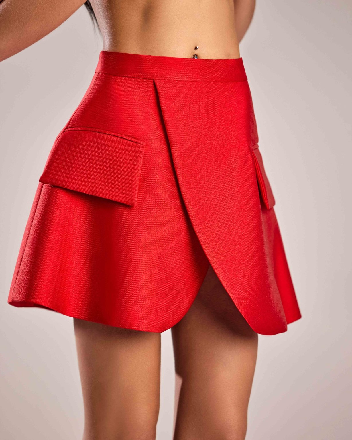 Elegant High-Waist Red Mikado Piqué Skirt with Chic Flap Pockets
