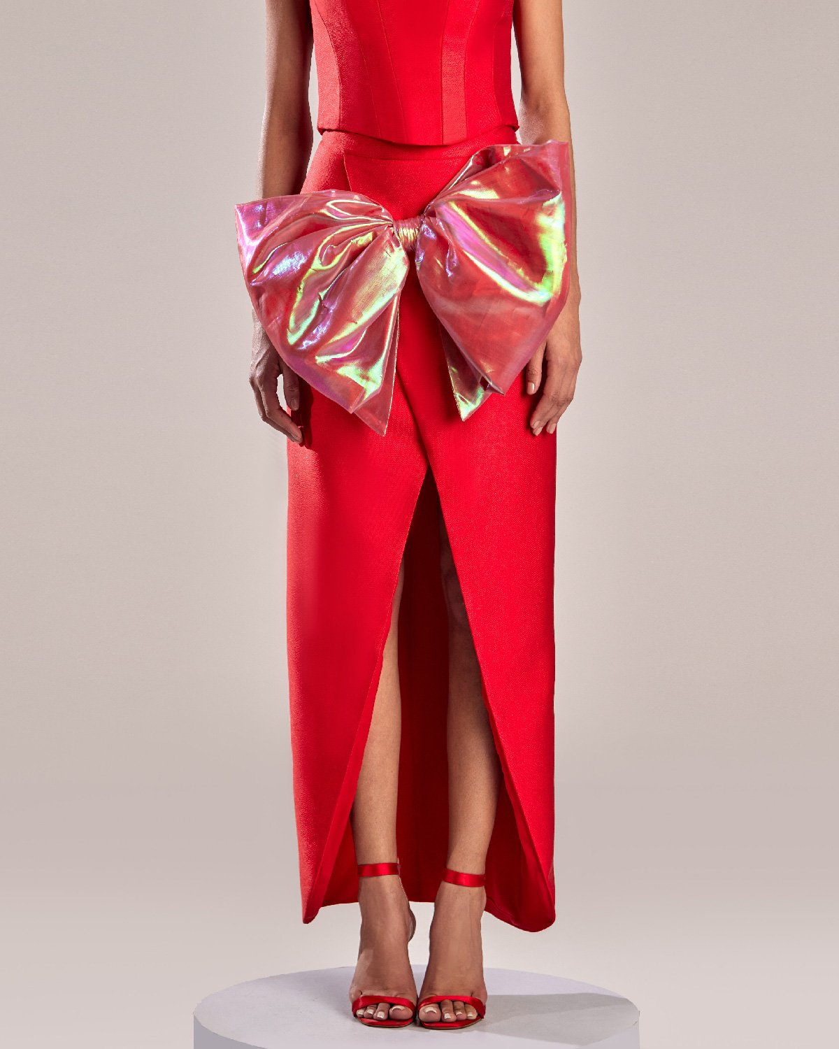 Stunning Red Mikado Piqué Skirt with Iridescent Bow