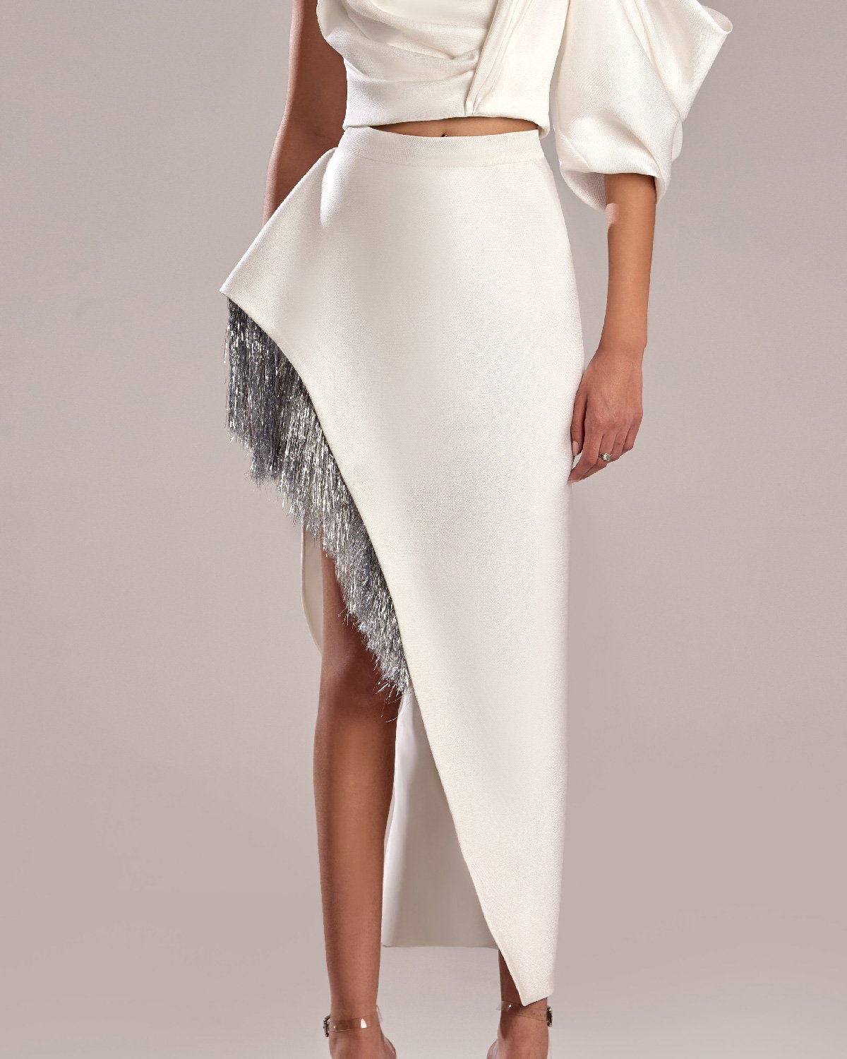 Elegant White Mikado Piqué and Feathered Silver Skirt