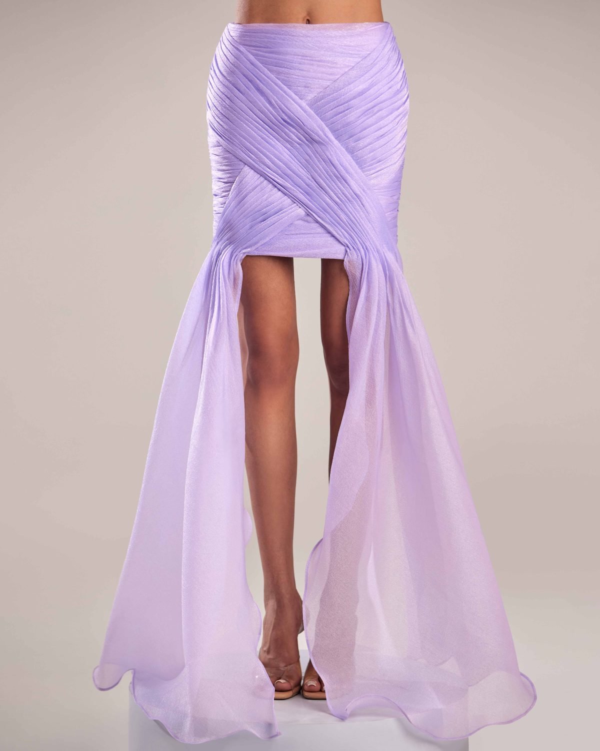 Elegant Lilac Organza Skirt with Draped Asymmetrical Layers