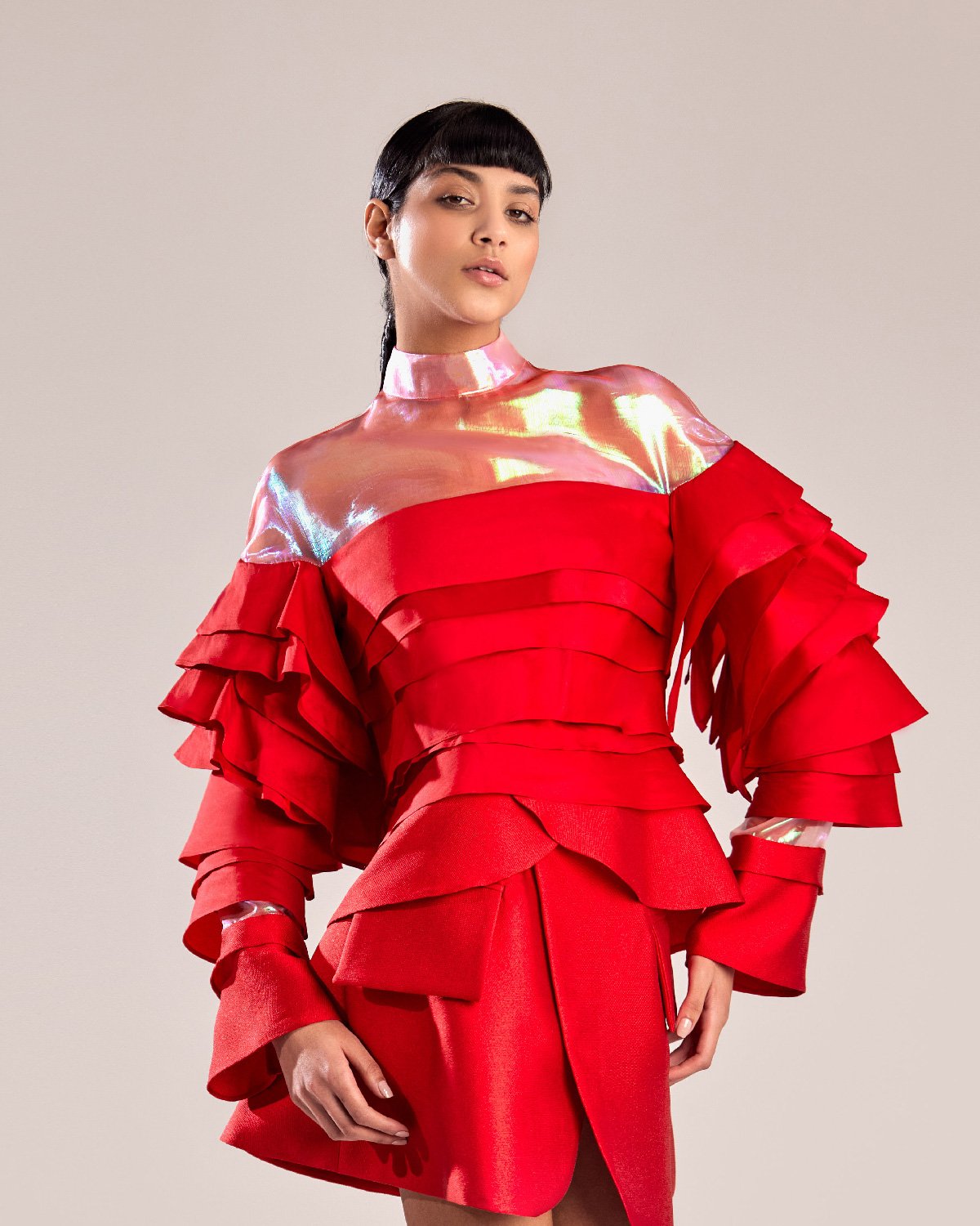 Bold Red Taffeta Top with Iridescent Fabric and Layered Ruffles