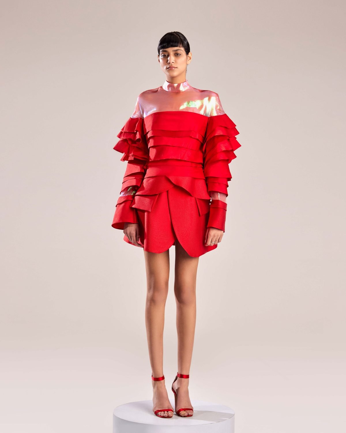 Elegant High-Waist Red Mikado Piqué Skirt with Chic Flap Pockets