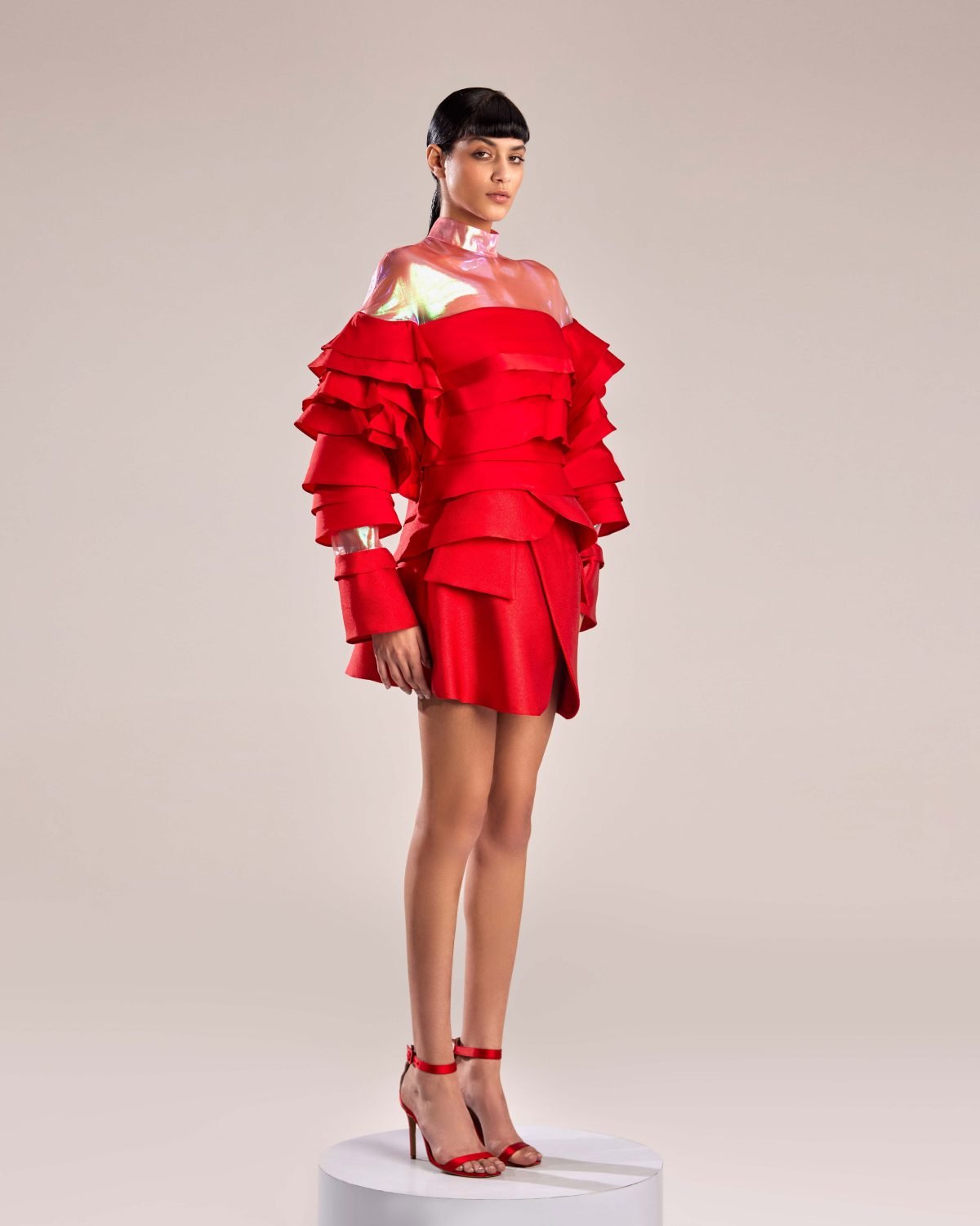 Elegant High-Waist Red Mikado Piqué Skirt with Chic Flap Pockets